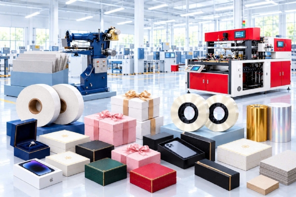 Băng Dán Góc Hộp Cứng Kraft Trắng & PET - Giải pháp băng dán góc hộp cứng chất lượng, tối ưu thẩm mỹ và hiệu suất sản xuất.